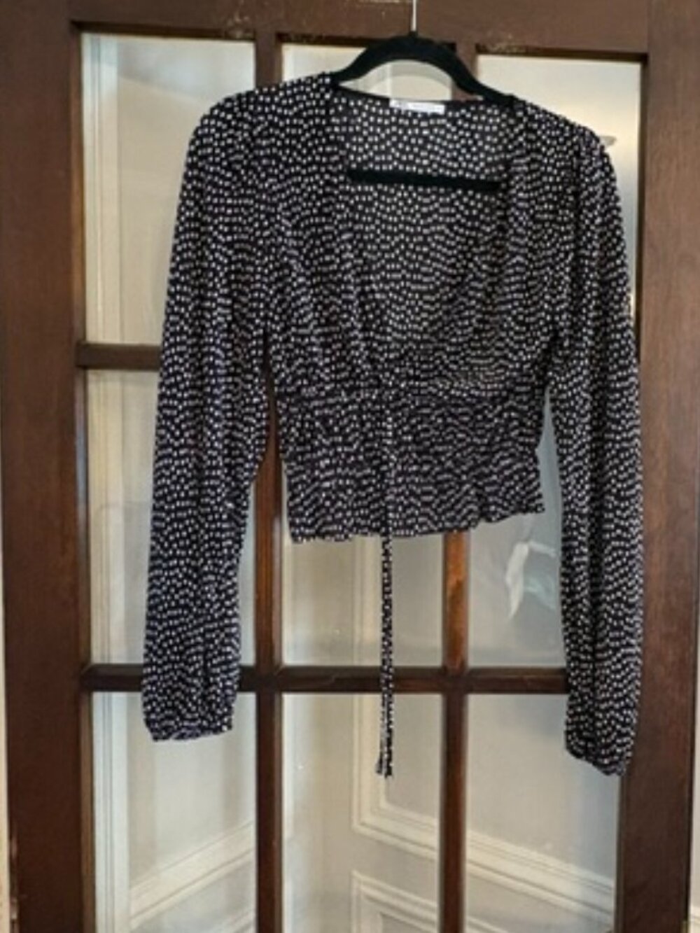 Zara Black Polka-Dotted Blouse with Smocked Waist, Size Small